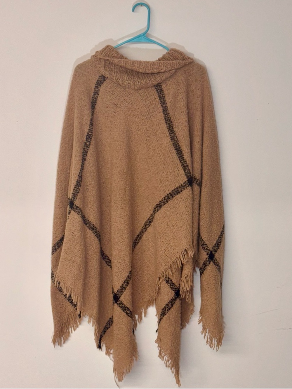 Cozy Camel & Black Cowl-Neck Poncho Sweater with Fringe - Picture 4 of 5